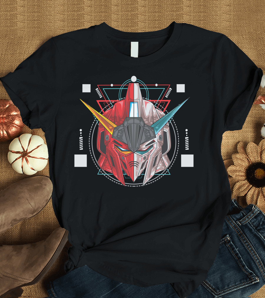 Faced Robot Mecha Head with Symmetrical Geometric Background T-Shirt