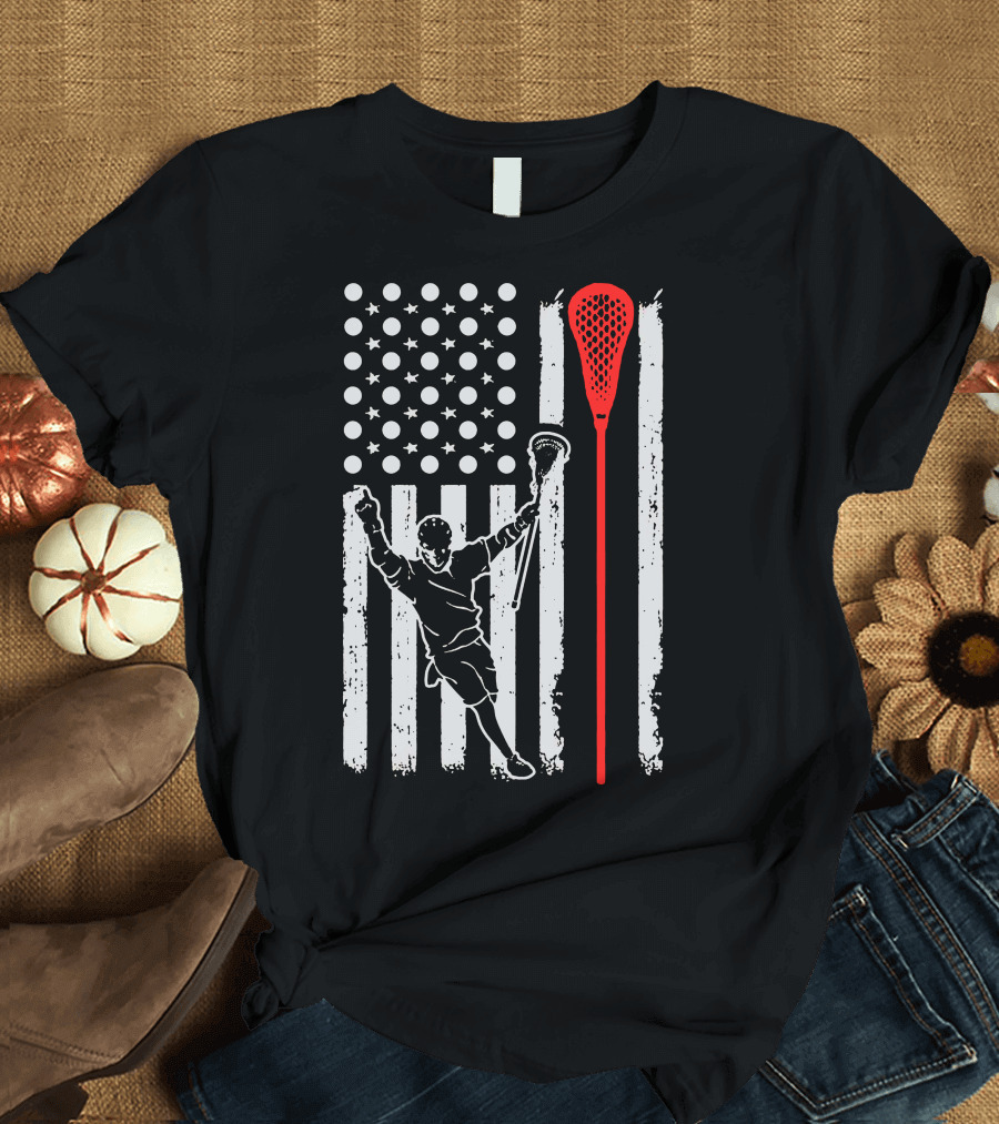 Lacrosse Player American Flag with Red Stick T-Shirt
