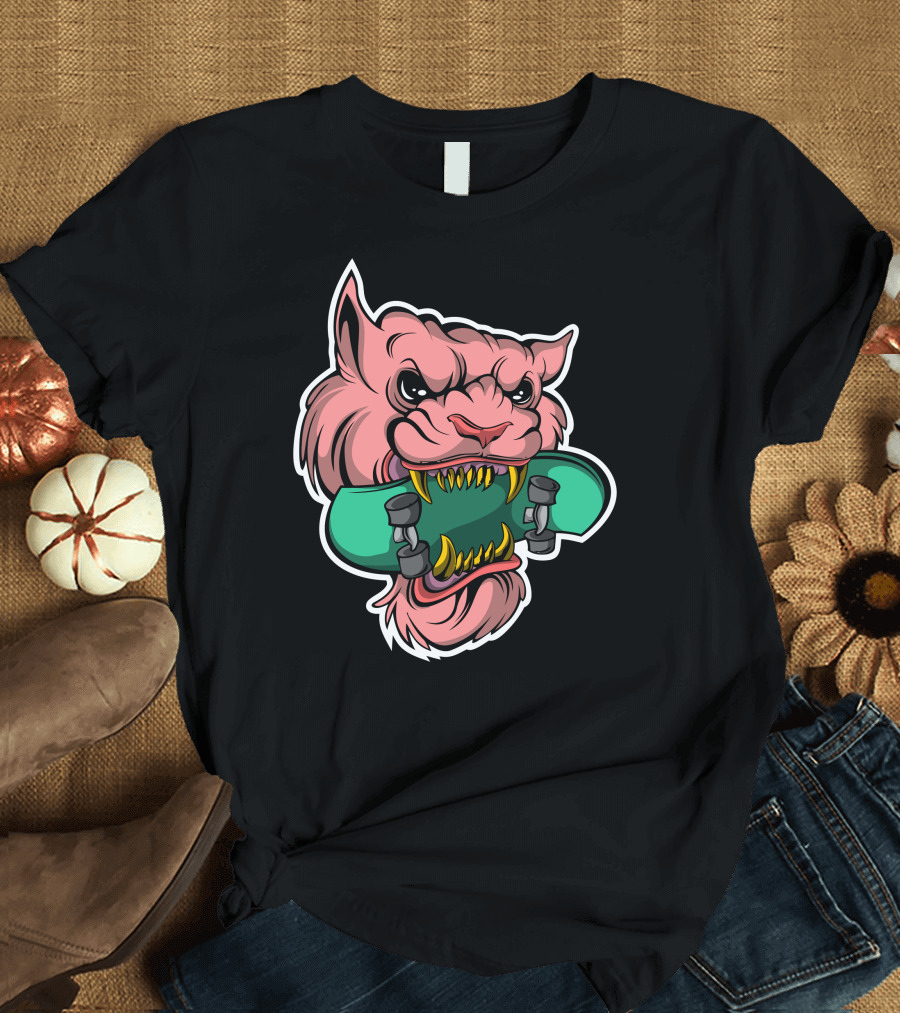Pink Cat Fierce Skateboard Bite T-Shirt
