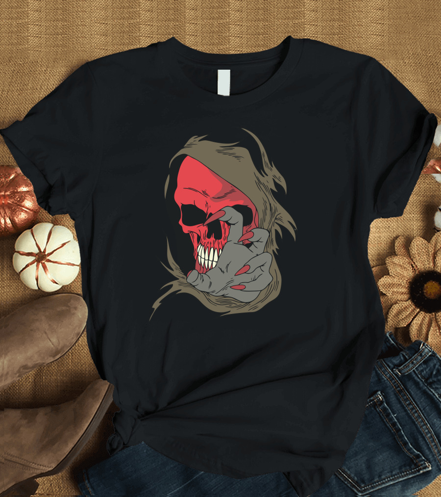 Red Face Skull Grim Reaper Cloaked Figure T-Shirt