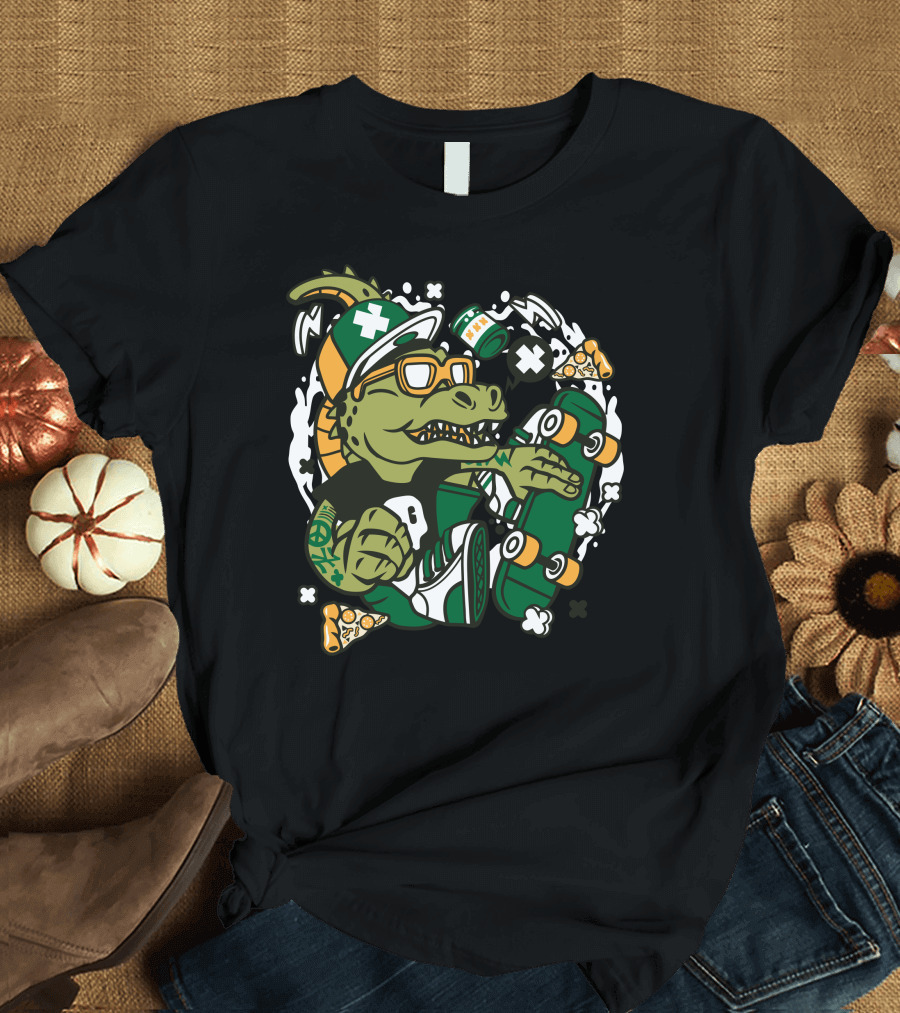 T Rex Skater Pizza Snapback Glasses Skateboard Adventures T-Shirt