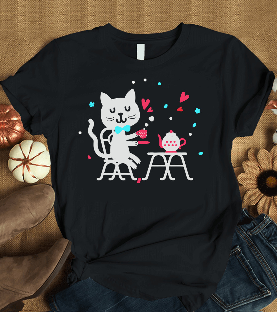 Tea Time Cat with Bow Tie and Hearts T-Shirt