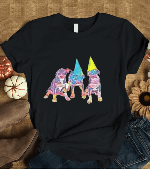 T-Shirt: Three Colorful Rottweiler Mixed Breed Puppies with Party Hats T-Shirt Three Colorful Rottweiler Mixed Breed Puppies with Party Hats T-Shirt
