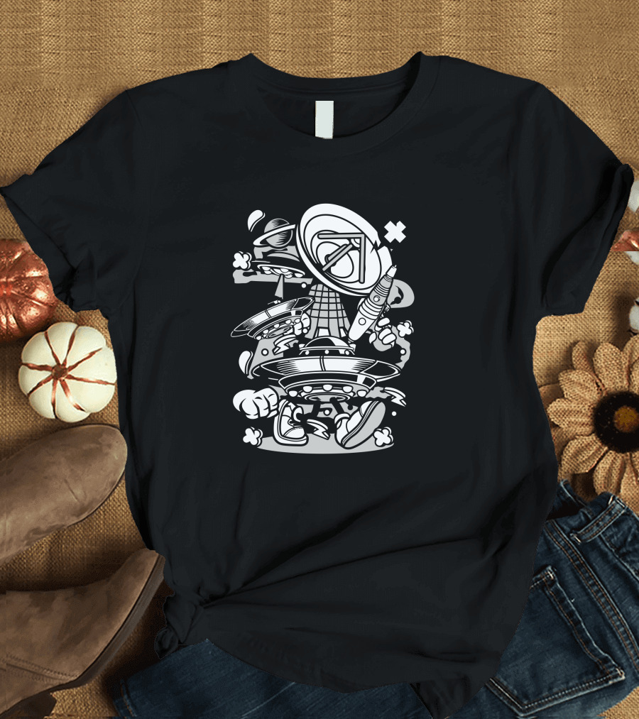 Ufo Space Jam Inspired Cartoon Spaceships and Rockets T-Shirt