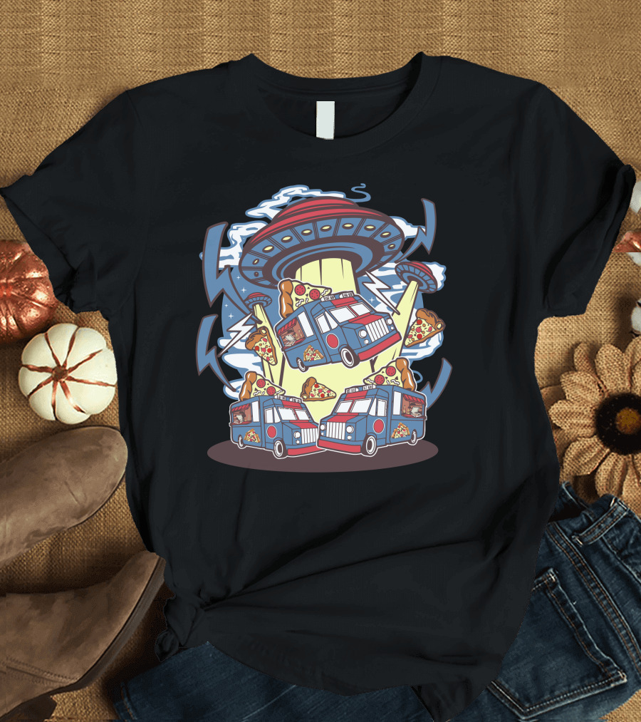 UFO Abducting Pizza Trucks with Pizza Slices and Lightning T-Shirt