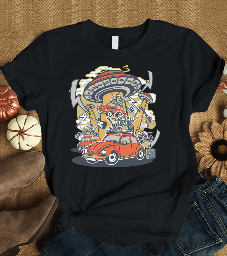 UFO Rock Tour with Vintage Cars and Electric Guitars on White T-Shirt