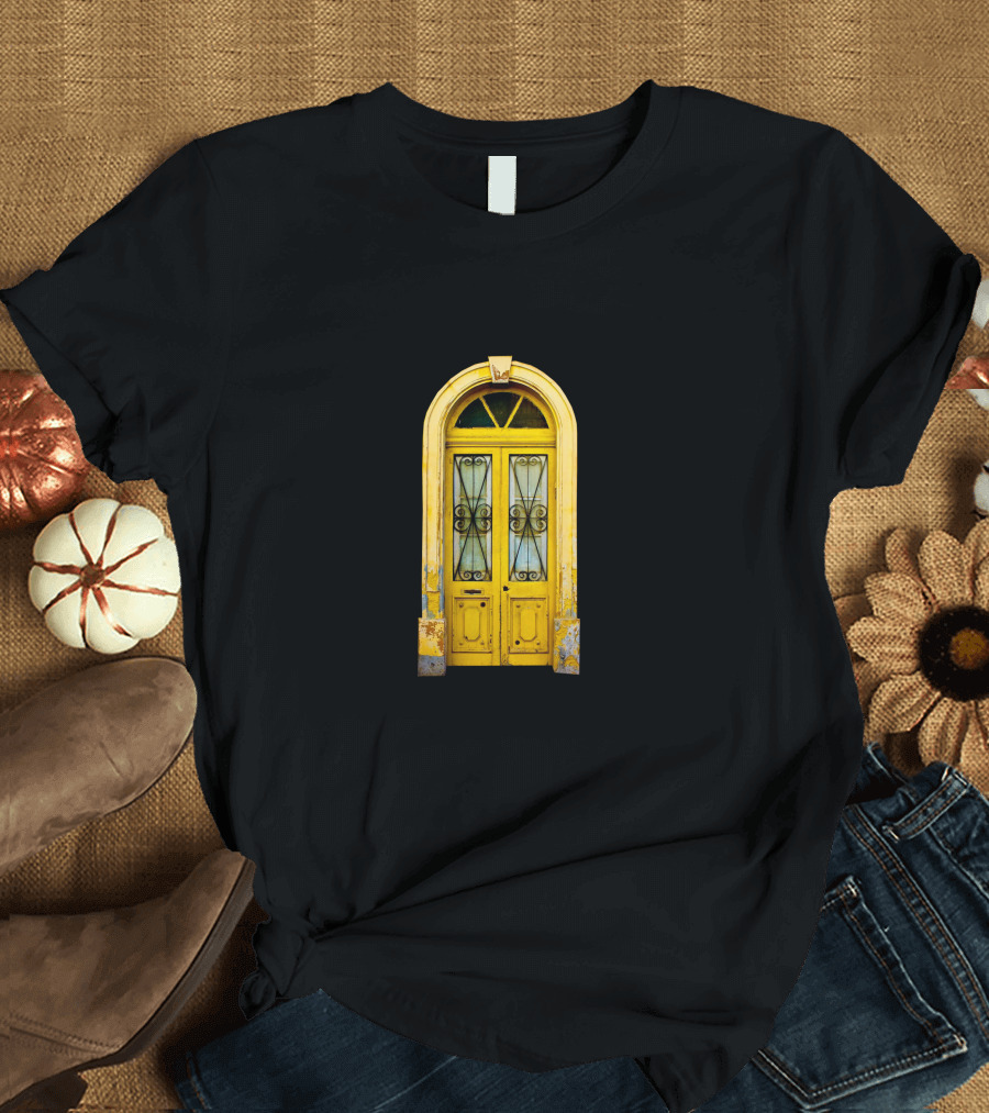 Vintage Yellow Door with Ornate Ironwork and Archway T-Shirt