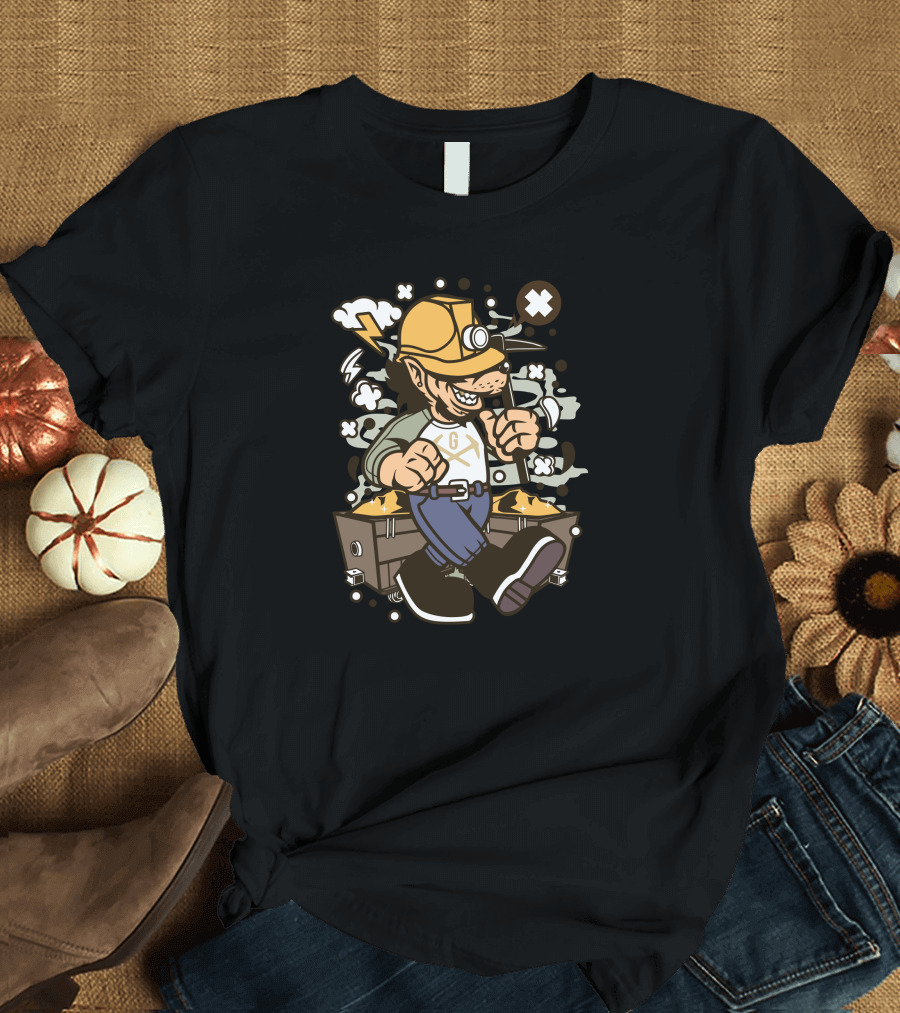 Wolf Gold Miner Cartoon Character with Thunderbolt Helm and Treasure Cart T-Shirt