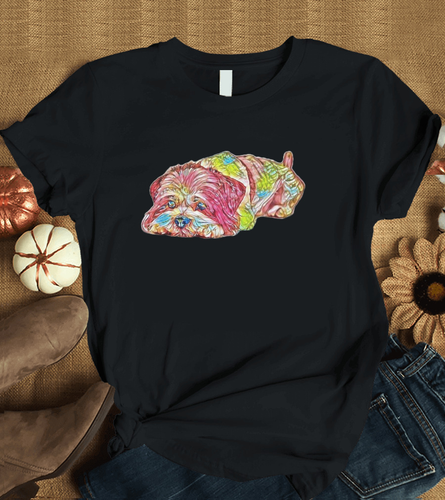 A Cute and Guilty Looking Lha Colorful Lhasa Apso T-Shirt
