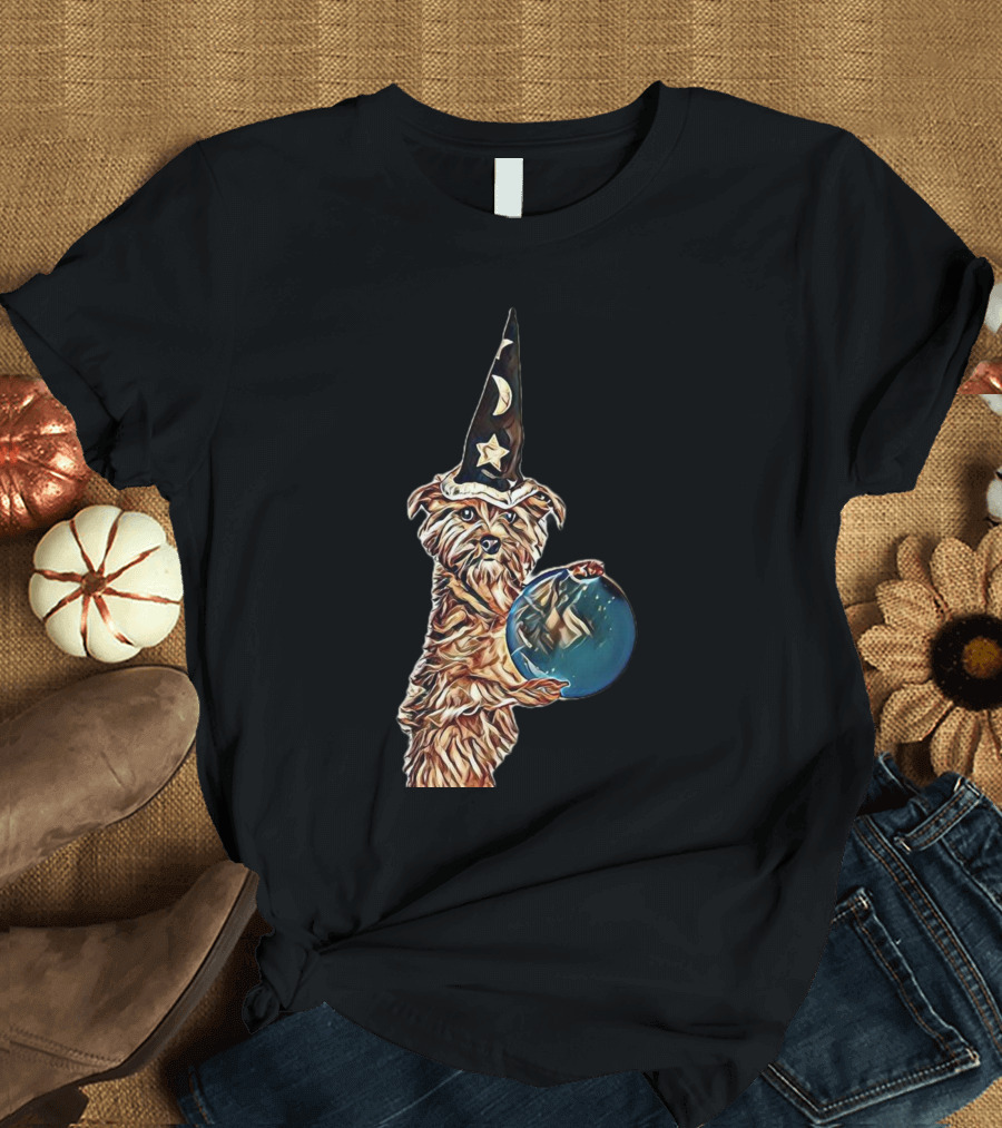 Wizard Terrier Holding Crystal Ball with Moon and Star Hat T-Shirt