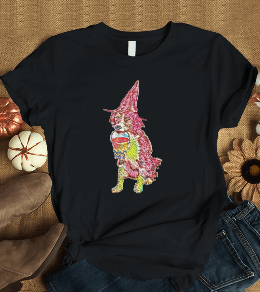 A Cute Young Border Collie Dog Holding Halloween Witch Hat and Candy Bucket T-Shirt