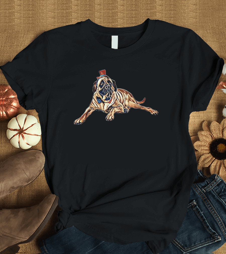 A Funny Photo Of A Large English Mastiff Wearing A Small Red Hat T-Shirt