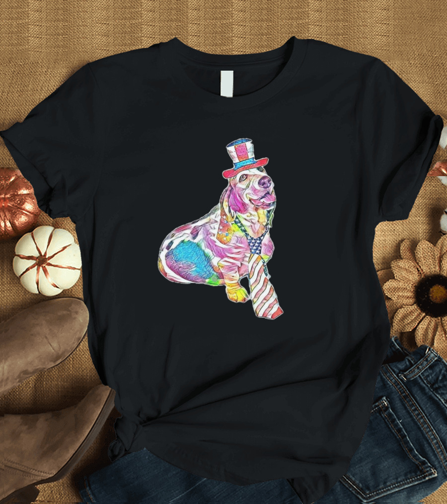 A Happy Basset Hound in Patriotic Uncle Sam Hat and Striped Tie Wear T-Shirt