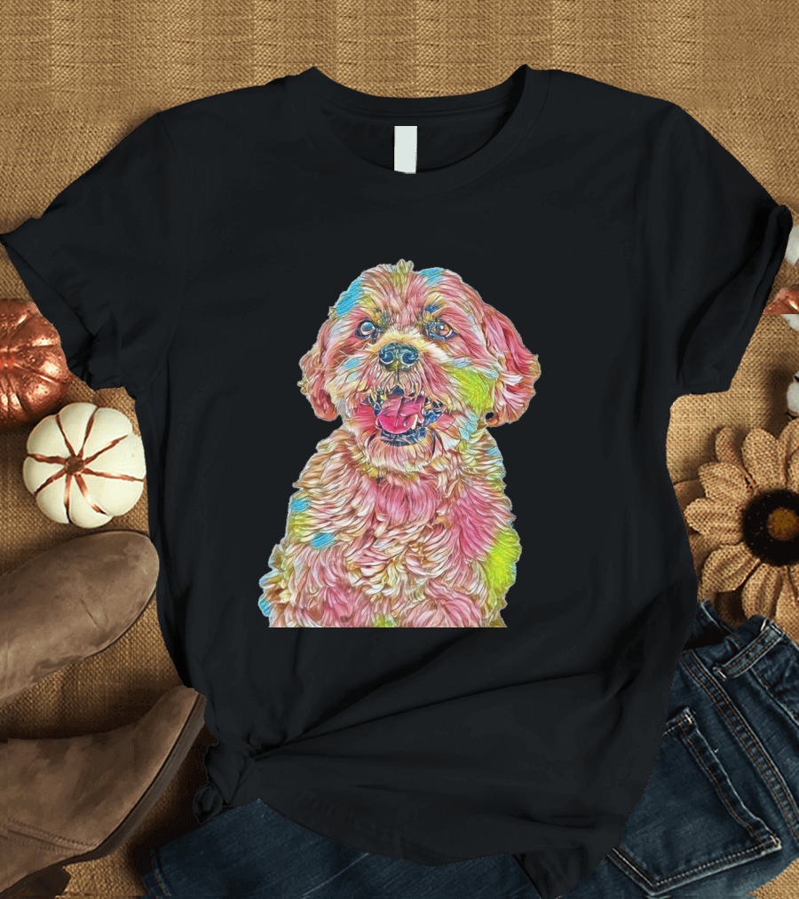 A Head Shot Of A Very Attentive Vibrant Multicolored Fluffy Dog T-Shirt