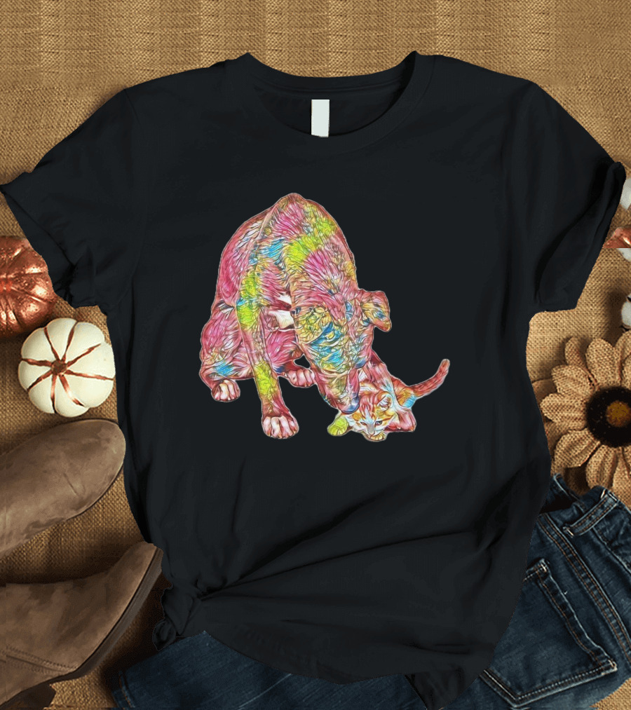 A Large Breed Dog Looking Down at Colorful Cat T-Shirt