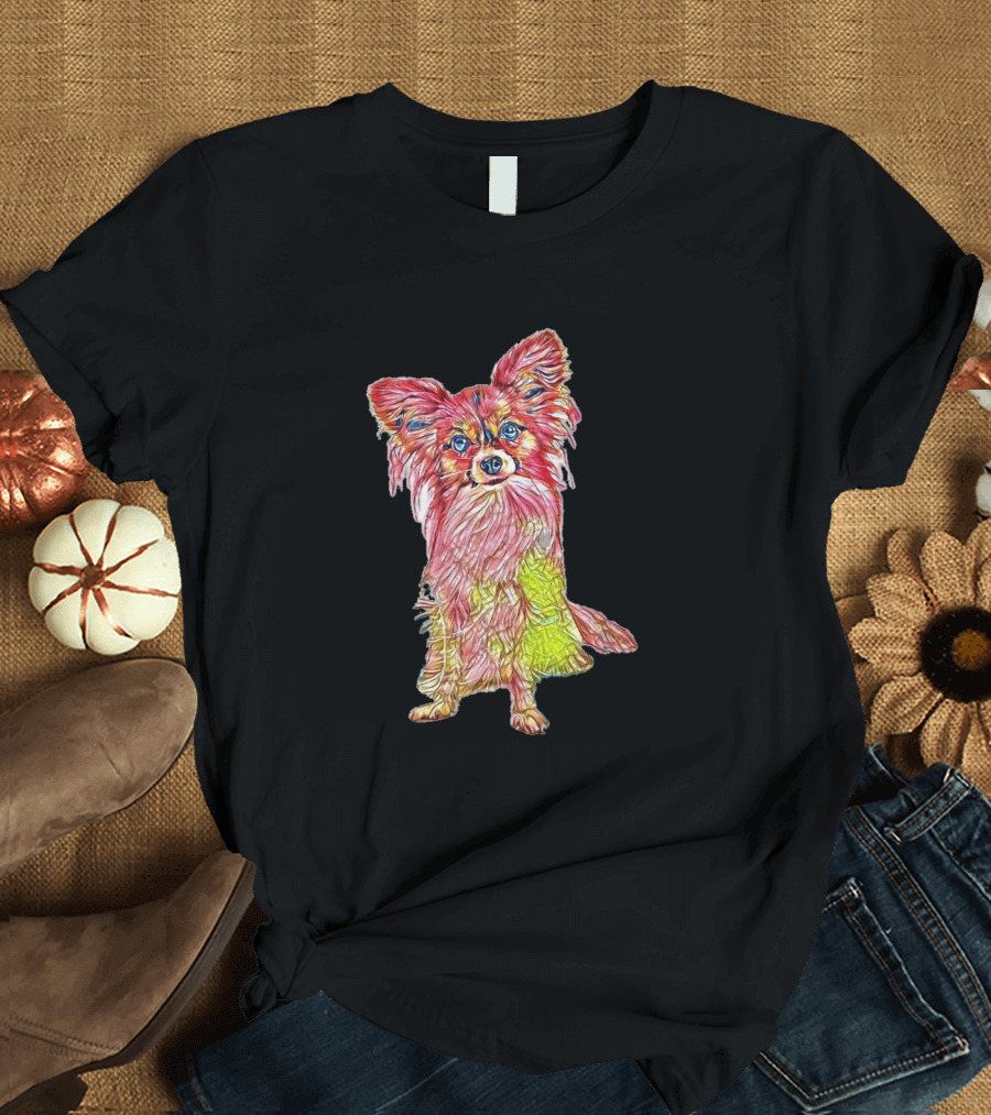 A Pretty Sable And White Hand-Drawn Colorful Dog T-Shirt