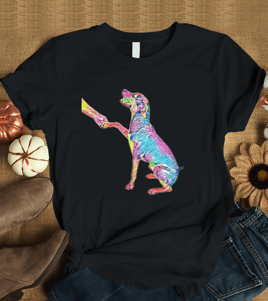 A Side View Of A Happy Mixed Dog Looking Up While Shaking Hands T-Shirt