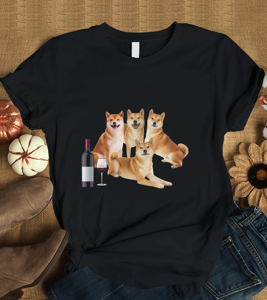 A Woman Cannot Survive On Wine Alone She Also Needs Shiba Inus Happy Dogs and Wine Bottle T-Shirt