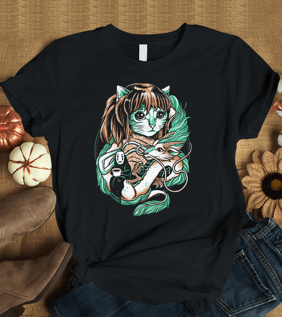 Spirit Cat With Mythical Creature and Masked Figure T-Shirt