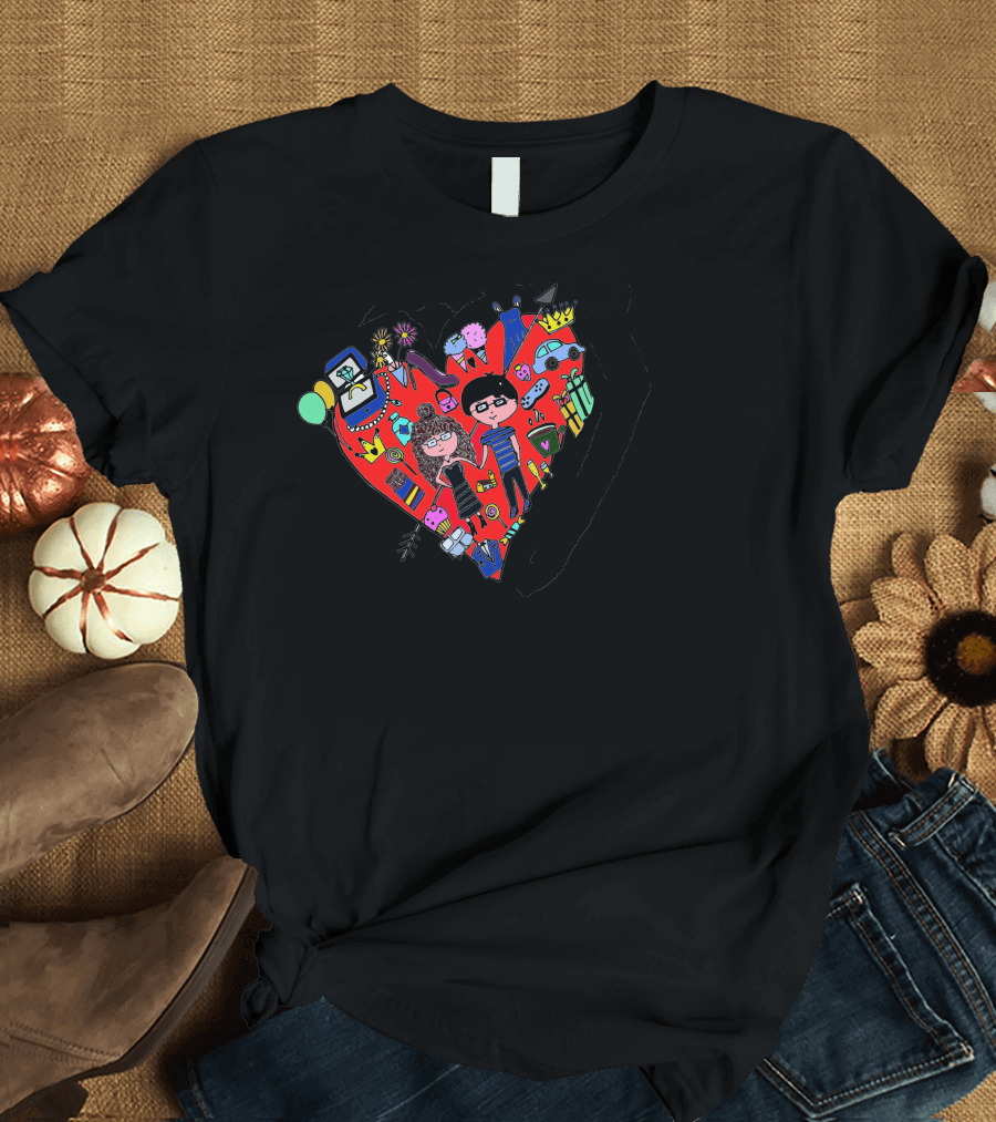Whimsical Couple in Heart with Colorful Icons T-Shirt