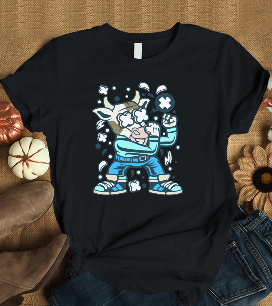 Cow Fighter Street Battle Action Style Gamer Character T-Shirt