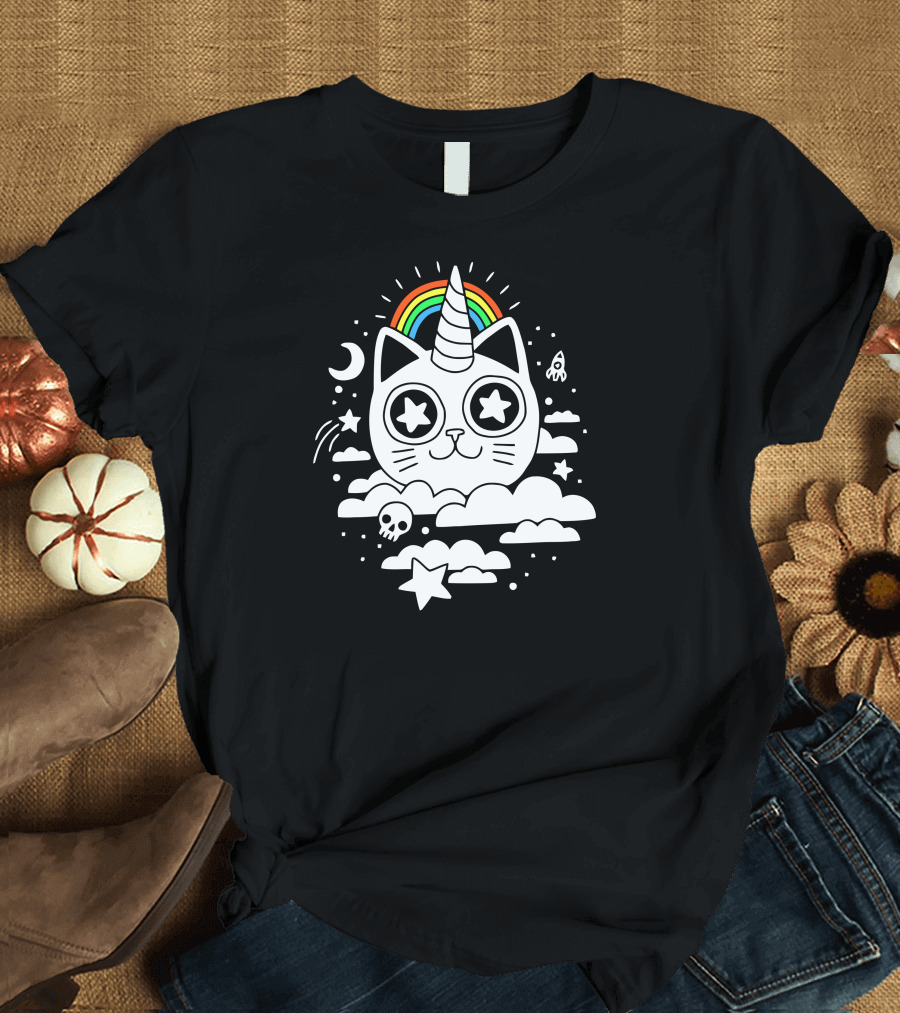 Funny Cat Unicorn Rainbow Stars Moon Rocket Cloud T-Shirt