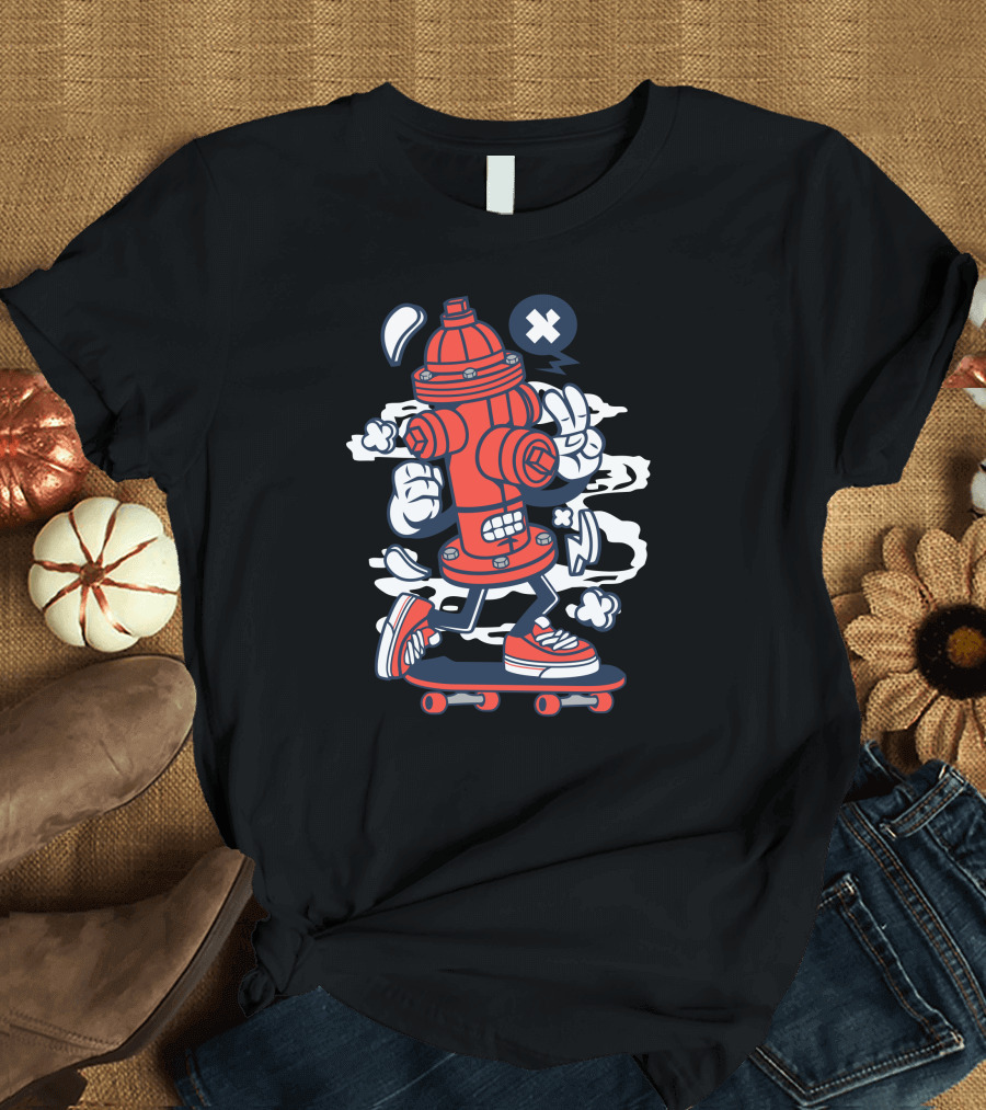 Skateboarding Fire Hydrant Cartoon with Gloves and Sneakers T-Shirt