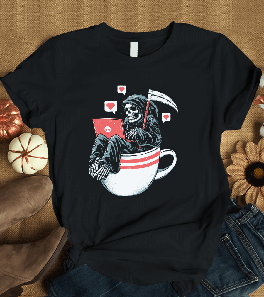 Love Death and Coffee Grim Reaper in a Coffee Cup with Laptop and Heart Icons T-Shirt