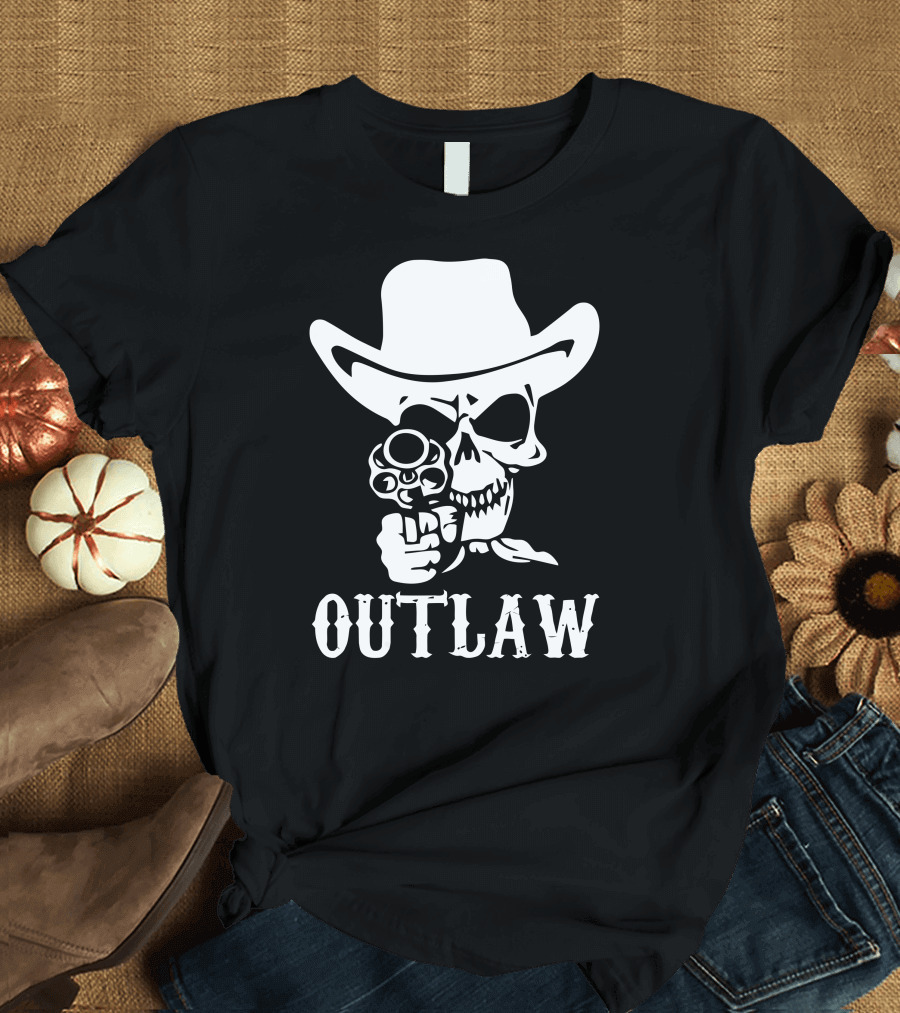 Outlaw Cowboy Skull with Hat and Gun T-Shirt