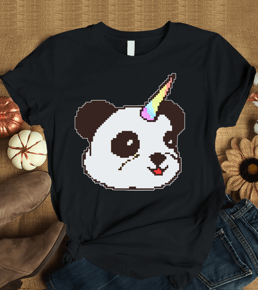 Pixel Art Panda with Rainbow Unicorn Horn T-Shirt