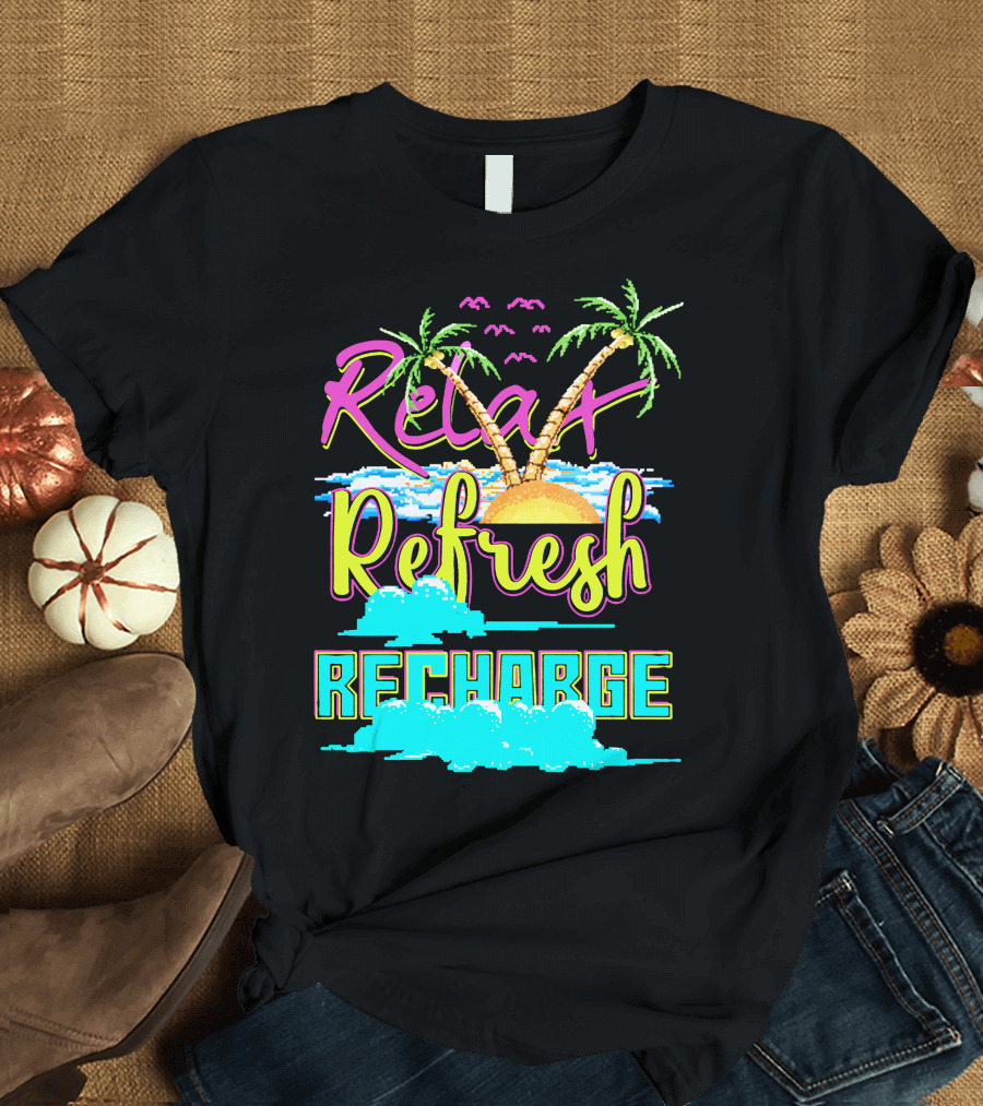 Relax Refresh Recharge Tropical Palm Sunset Scene T-Shirt