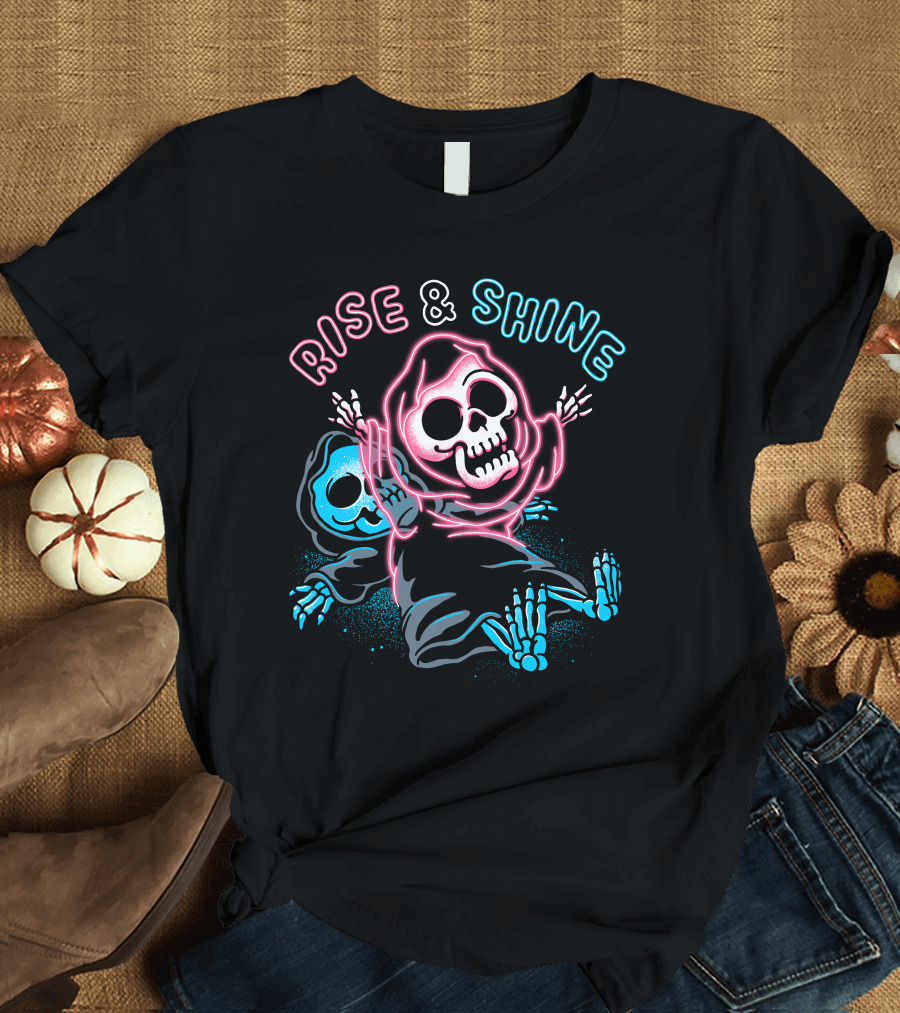 Rise and Shine Neon Skeletal Figures Dual Tone Outline T-Shirt