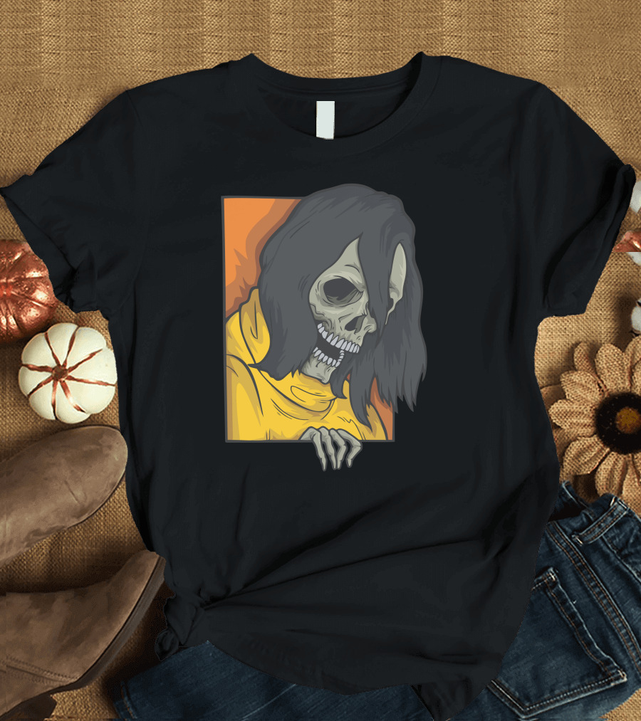 Skull with Long Hair Emerging from Orange Window T-Shirt