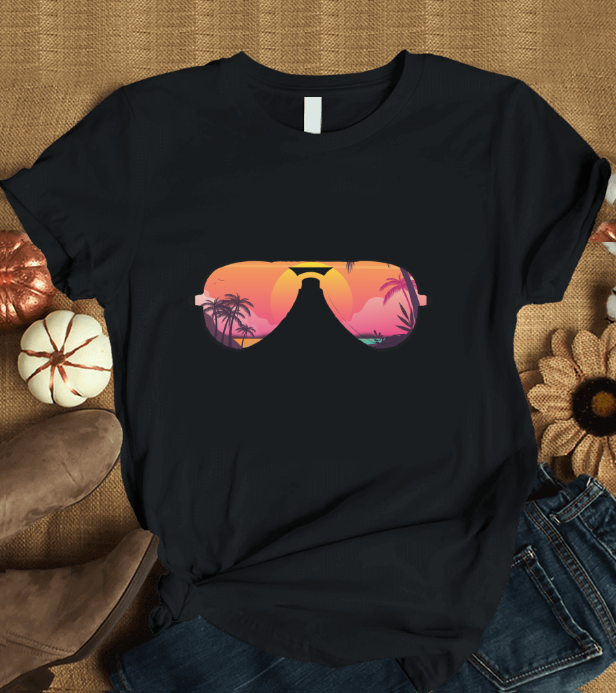 Summer Nights Sunglasses Palm Trees Beach Sunset T-Shirt