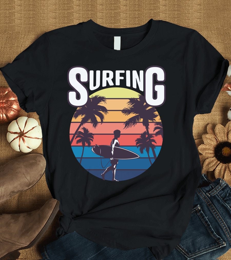 Surfing Silhouette with Palm Trees and Sunset Stripes T-Shirt