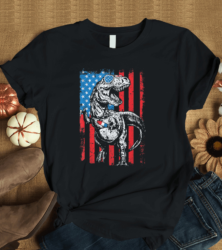 Trex Dinosaur Popsicle USA Flag Funny 4th of July T-Shirt