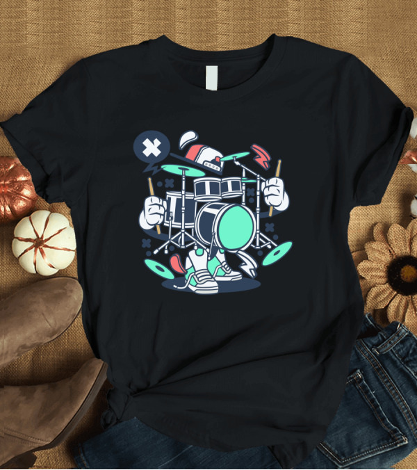 T-Shirt: Drum Set Cartoon Style with Sneakers and Drumsticks T-Shirt Drum Set Cartoon Style with Sneakers and Drumsticks T-Shirt