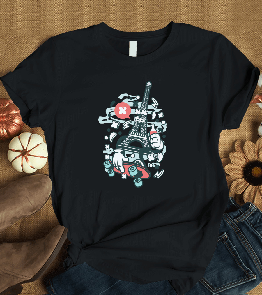 Eiffel Skater Cartoon Graphic Tower Skateboard Clouds T-Shirt