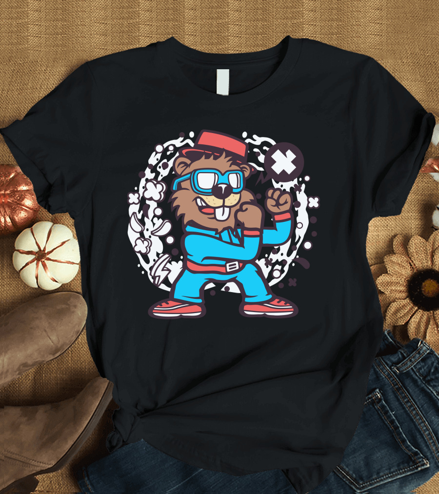 Fighting Beaver in Boxing Stance with Comic Explosion T-Shirt