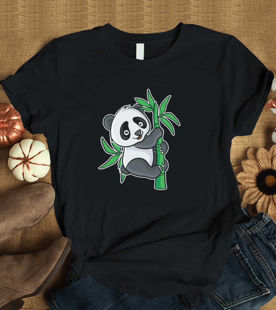 Cute Panda Climbing On Bamboo Stalk with Green Leaves T-Shirt