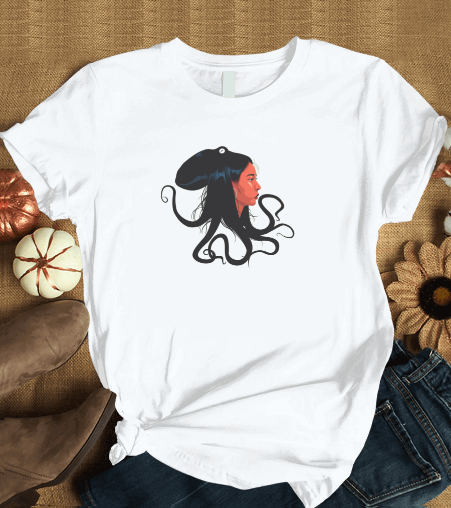 Octopi Head Woman Profile Deep Sea Fusion T-Shirt