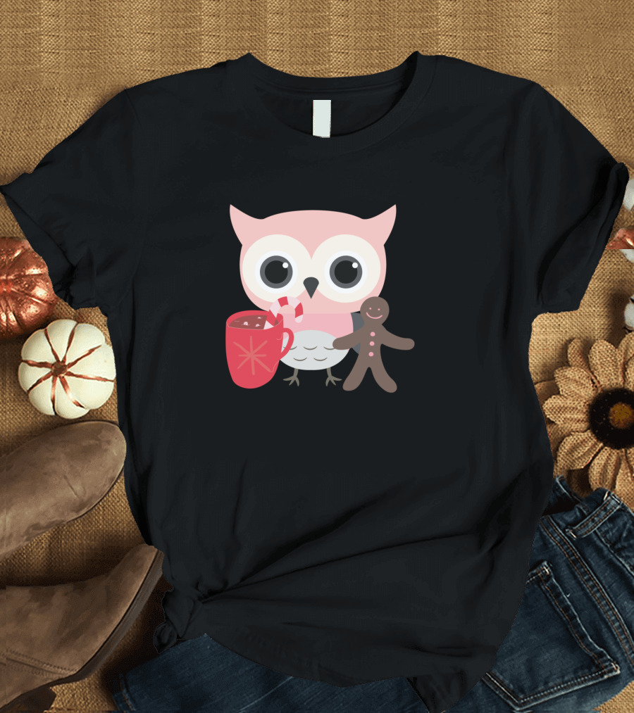 Christmas Pink Owl Hot Cocoa Gingerbread T-Shirt