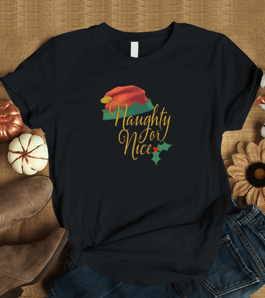 Naughty Or Nice Red Santa Hat and Holly T-Shirt