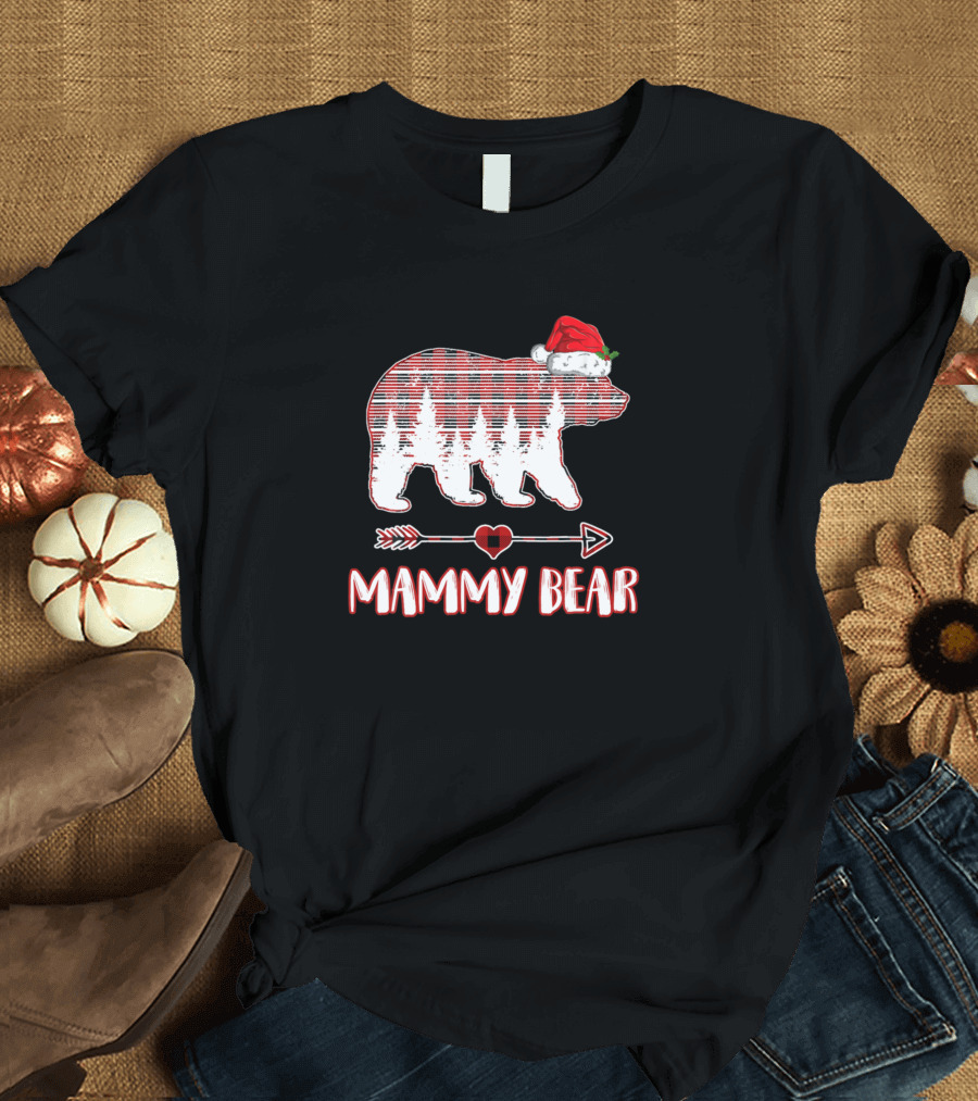 Mammy Bear Christmas Hat Plaid Bear Arrow Heart T-Shirt