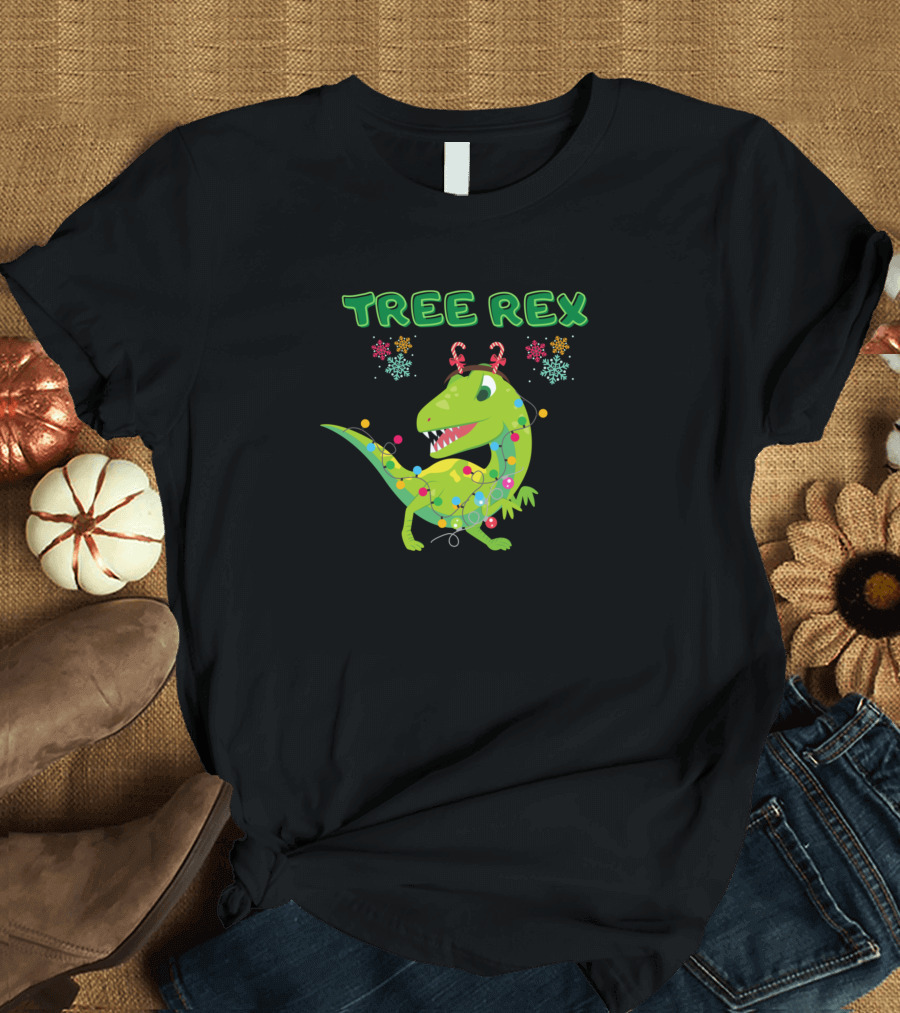 Tree Rex Dinosaur Christmas Lights Candy Cane Antlers T-Shirt