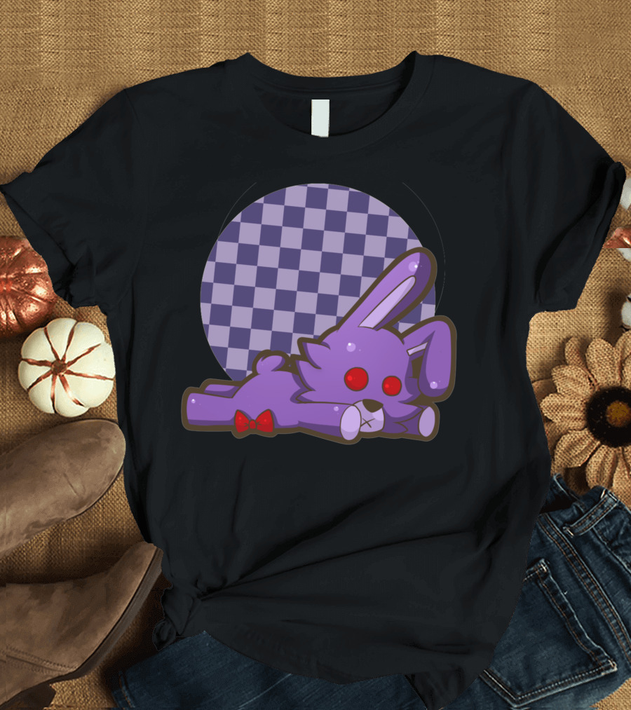Bonnie Plushie Purple Checkered Background Red Eyes Bowtie T-Shirt