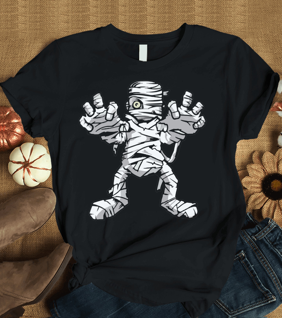 Really Scary Cartoon Mummy with Extended Bandaged Hands and Large Eye T-Shirt