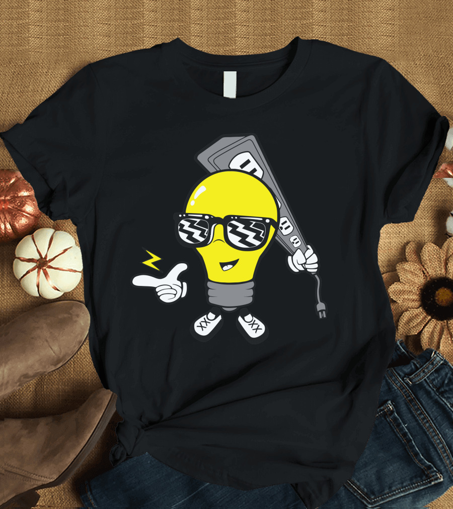 Light Bulb Guy Wearing Sunglasses and Holding Power Strip with Lightning Bolt T-Shirt