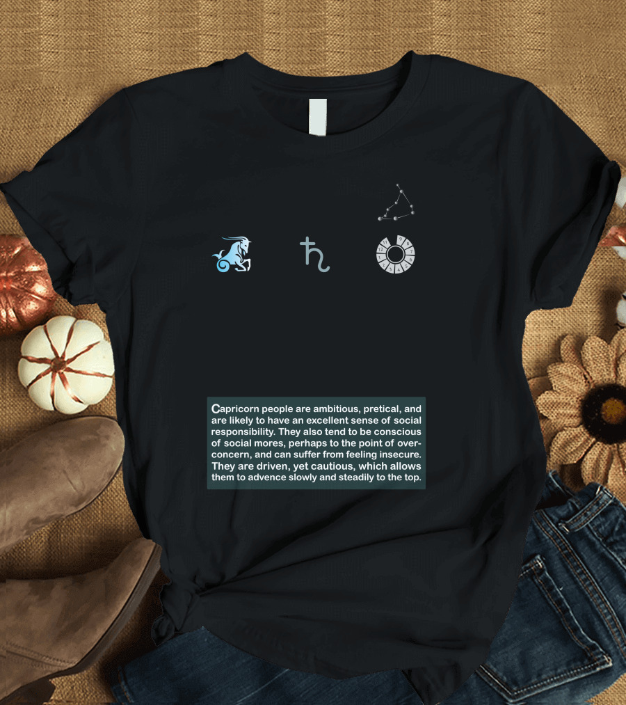 Capricorn Symbol Sea Goat Ruling Planet Saturn House Tenth Element Earth Mode Cardinal Keyword Achieve Ambitious Practical Social Responsible T-Shirt