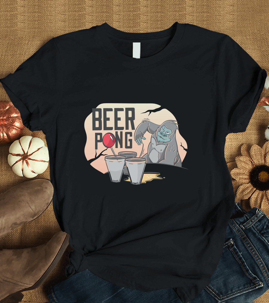 Beer Pong Gorilla with Red Ball and Cups on Cracked Background T-Shirt